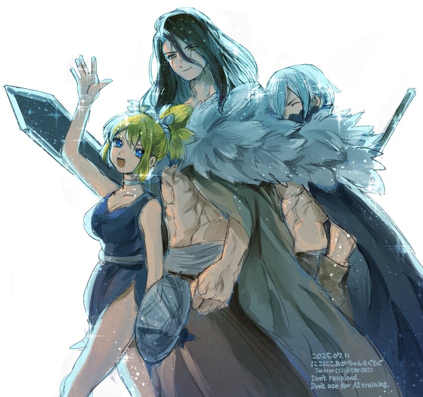 1girl, 2boys, :d, abs, arm_up, black_hair, blonde_hair, blue_dress