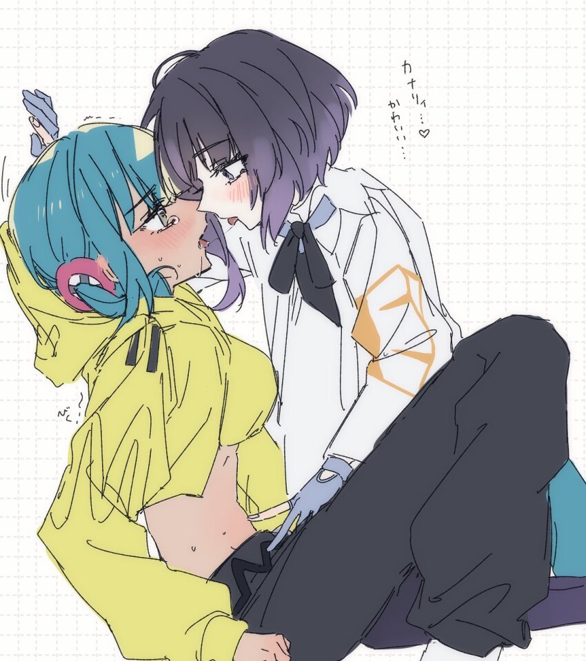 2girls, after_kiss, black_dress, blonde_hair, blue_hair, blush, bob_cut, canari_(pokemon)