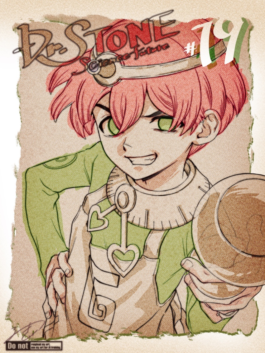 1boy, chalice, character_name, copyright_name, cup, dr._stone, green_eyes, green_shirt