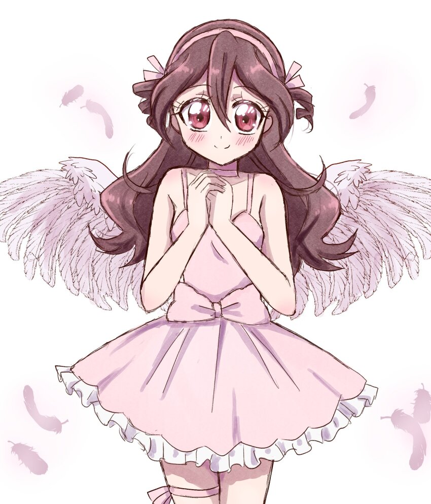 1girl, angel, bare_arms, blush, brown_hair, choker, closed_mouth, collarbone
