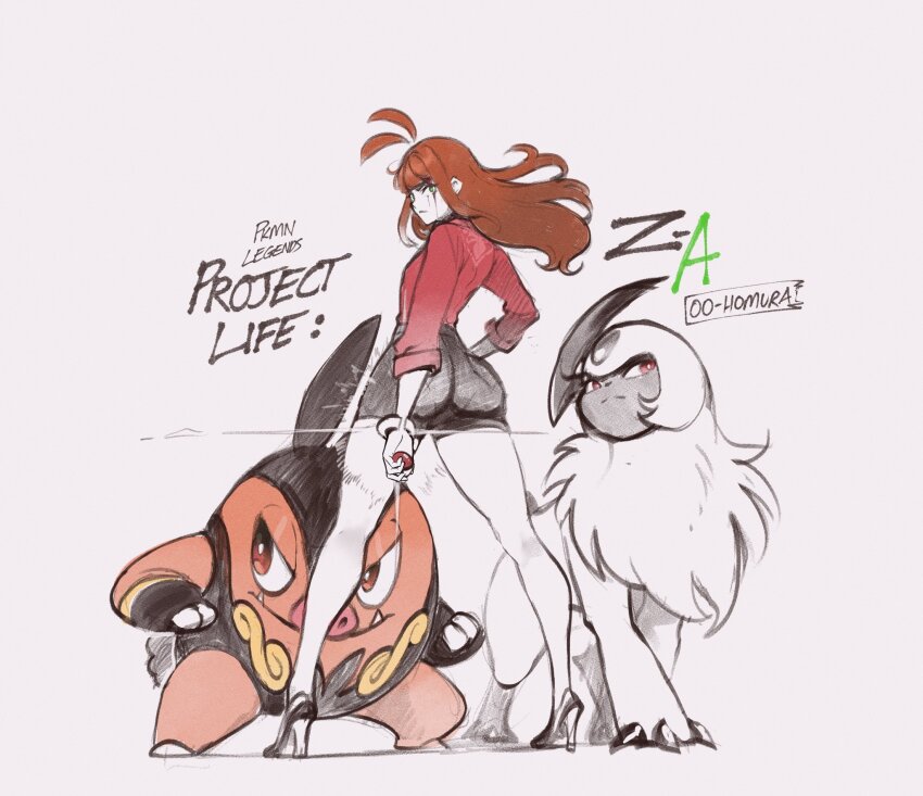 1girl, absol, ass, blood, closed_mouth, dynamic_pose, fangs, gen_3_pokemon, gen_5_pokemon, high-waist_shorts, highres, holding, holding_poke_ball, long_hair, long_sleeves, looking_at_viewer, looking_back, ludivine_(nyantcha), nintendo, nyantcha, original, pignite, poke_ball, poke_ball_(basic), pokemon, pokemon_(creature), pokemon_legends:_z-a, serious, shorts, solo, thighs