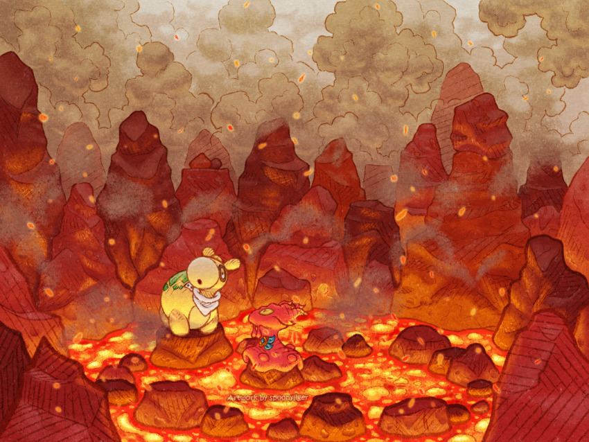 artist_name, bandana, bandana_around_neck, clothed_pokemon, gen_2_pokemon, gen_3_pokemon, lava, nintendo