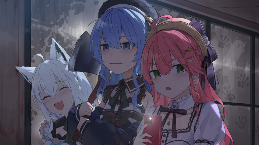 3girls, ahoge, animal_ear_fluff, animal_ears, axe, blue_eyes, blush, braid