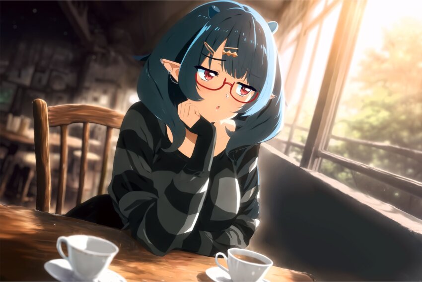 1girl, breasts, commission, dizzy_dokuro, dizzy_dokuro_(goth), earrings, glasses, highres