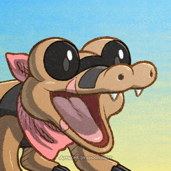 artist_name, bandana, bandana_around_neck, bandeau, crocodilian, day, gen_5_pokemon, nintendo, no_humans, open_mouth, outdoors, pokemon, pokemon_(creature), pokemon_mystery_dungeon, red_bandeau, sandile, solo, spoonyliger, watermark