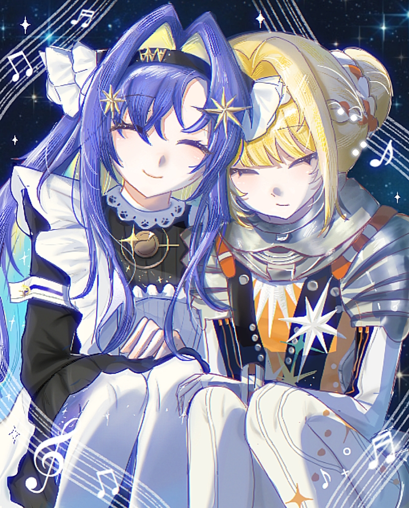 ._(kusvekoxa), 2girls, ^_^, apron, astronaut, beamed_eighth_notes, beamed_sixteenth_notes, black_dress