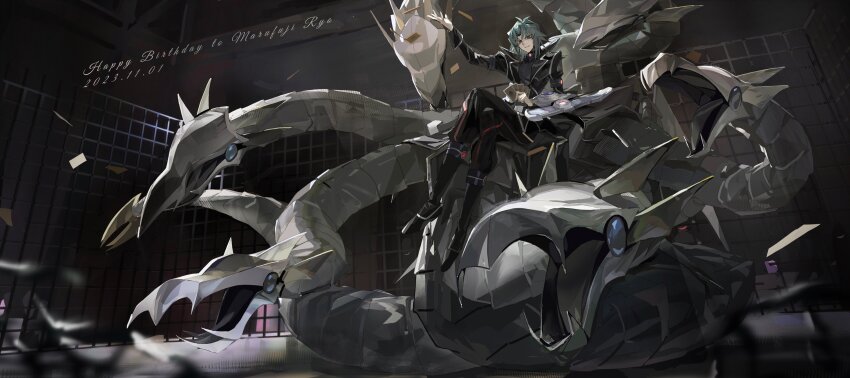 1boy, 1other, absurdres, ahoge, black_boots, black_coat, black_pants, black_shirt