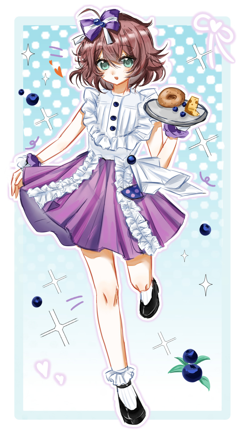 ._(kusvekoxa), 1girl, :d, absurdres, aqua_eyes, bagel, black_shoes, blue_background