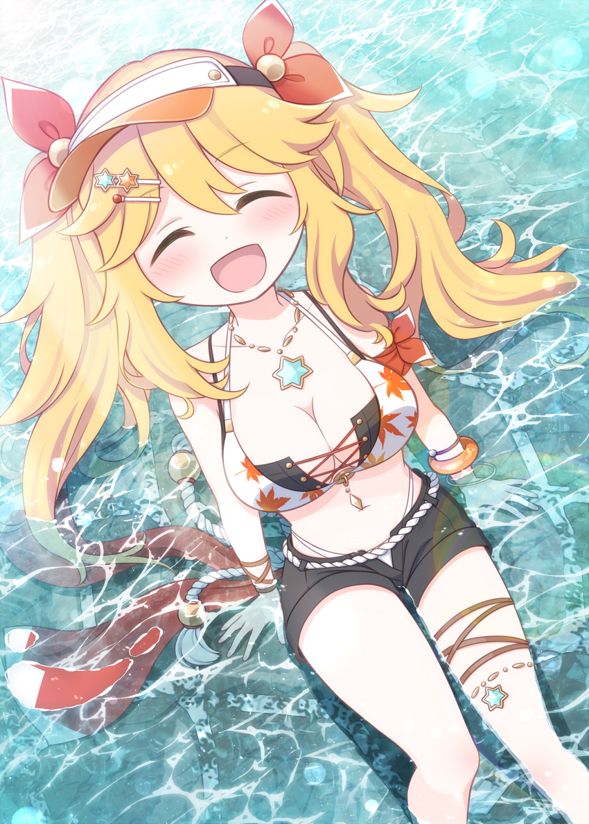 1girl, :d, ^_^, bikini, black_shorts, blonde_hair, blush, breasts