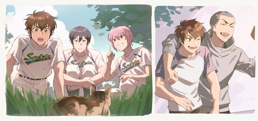 4boys, absurdres, ace_of_diamond, amahisa_kousei, arm_around_shoulder, black_hair, brown_hair, cat