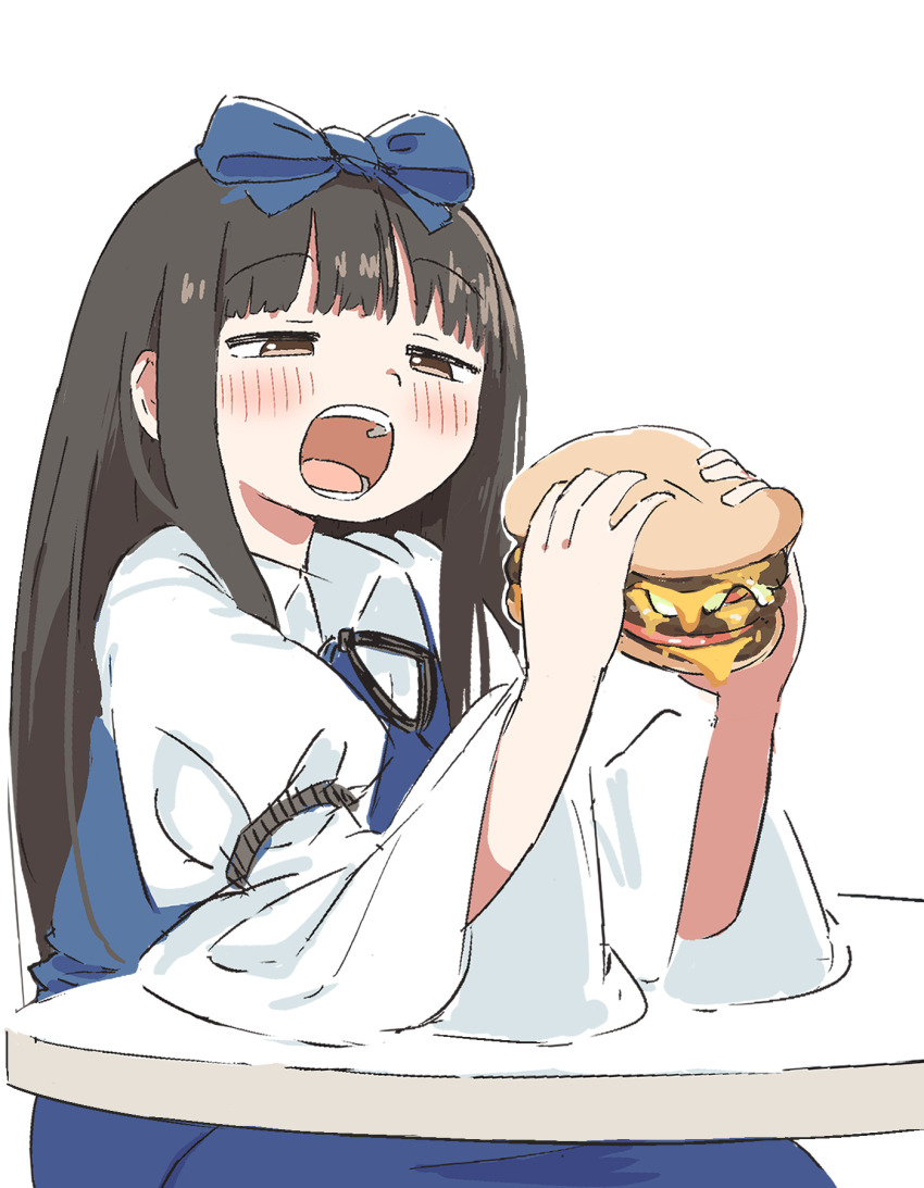 1girl, blue_bow, blue_dress, blush, bow, brown_eyes, brown_hair, burger