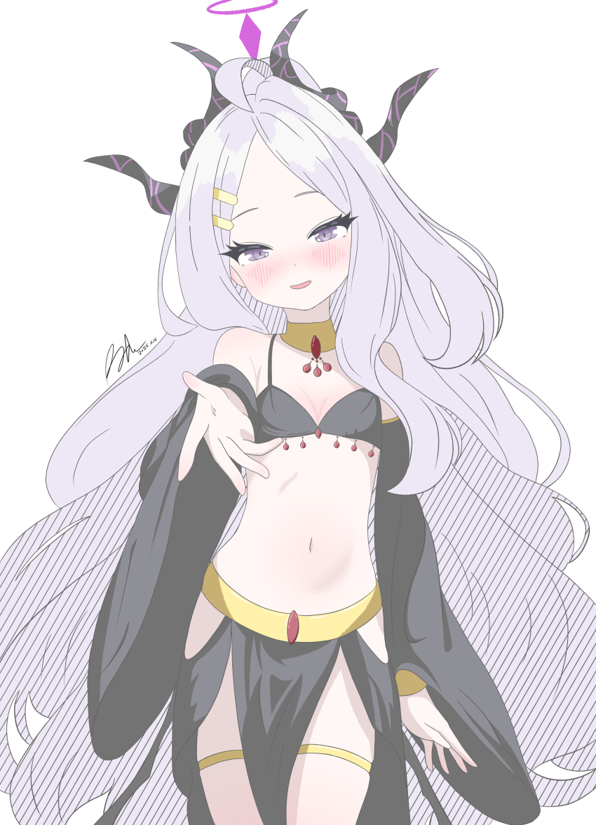 1girl, absurdres, ahoge, alternate_costume, bare_shoulders, belly_dancer, black_halo, black_horns