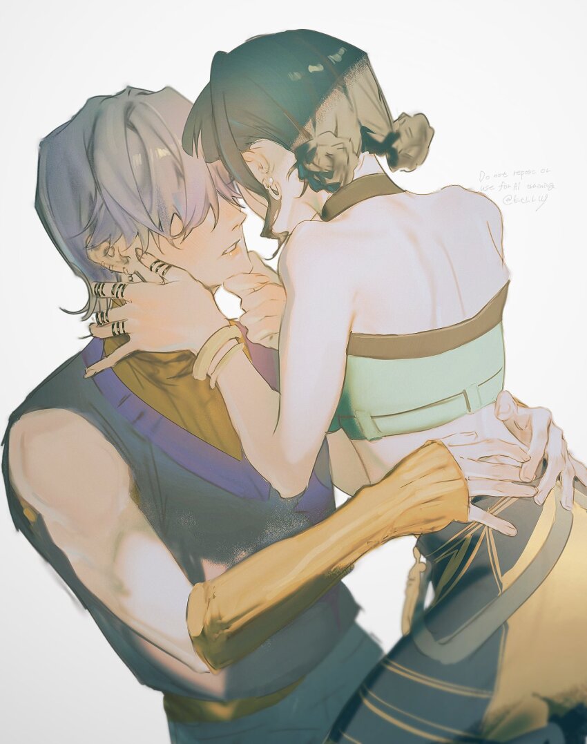 1boy, 1girl, aqua_shirt, arms_around_another's_waist, bare_shoulders, black_hair, blunt_bangs, breasts