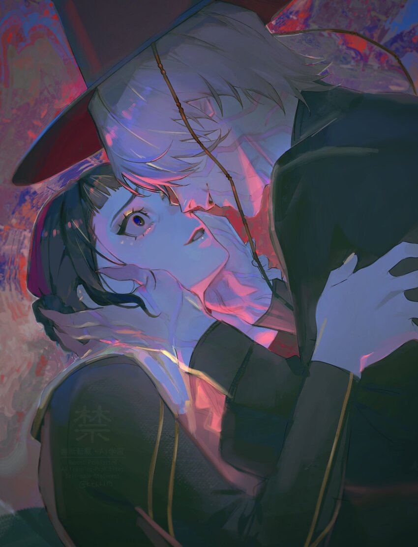 1boy, 1girl, black_hair, black_hat, black_jacket, blunt_bangs, body_markings, claws