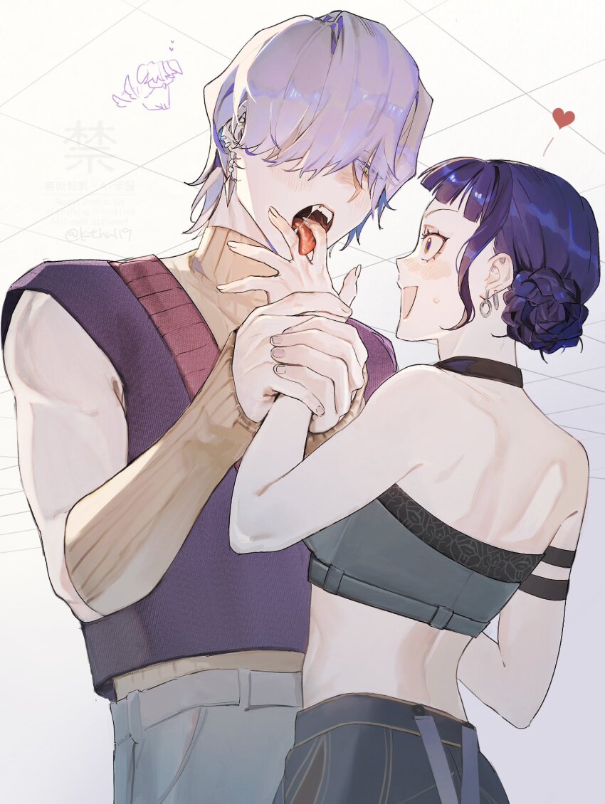 1boy, 1girl, bare_shoulders, black_hair, blunt_bangs, blush, breasts, ceiling