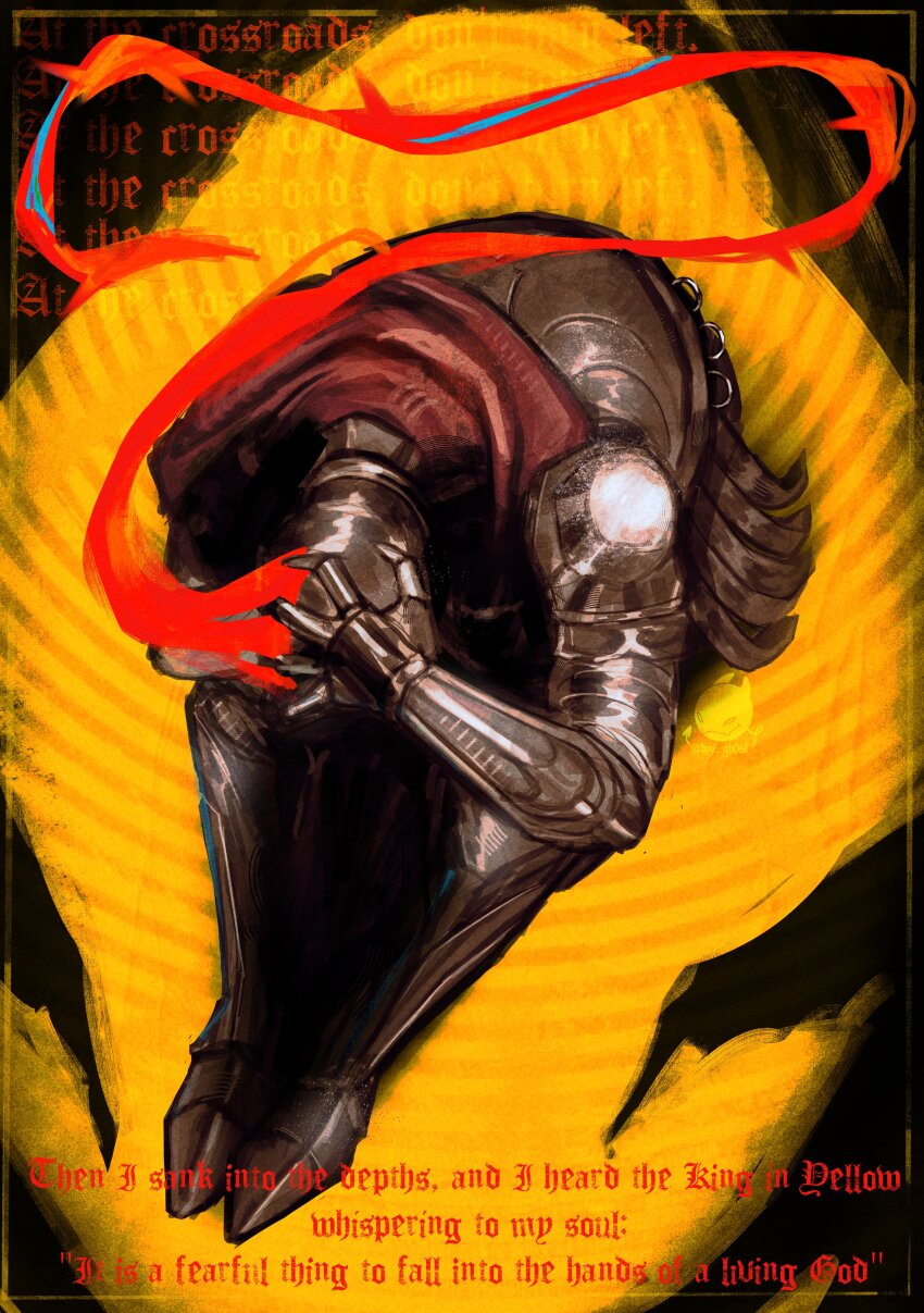 1other, absurdres, arm_guards, armor, breastplate, cloak, curled_up, d3rlord3