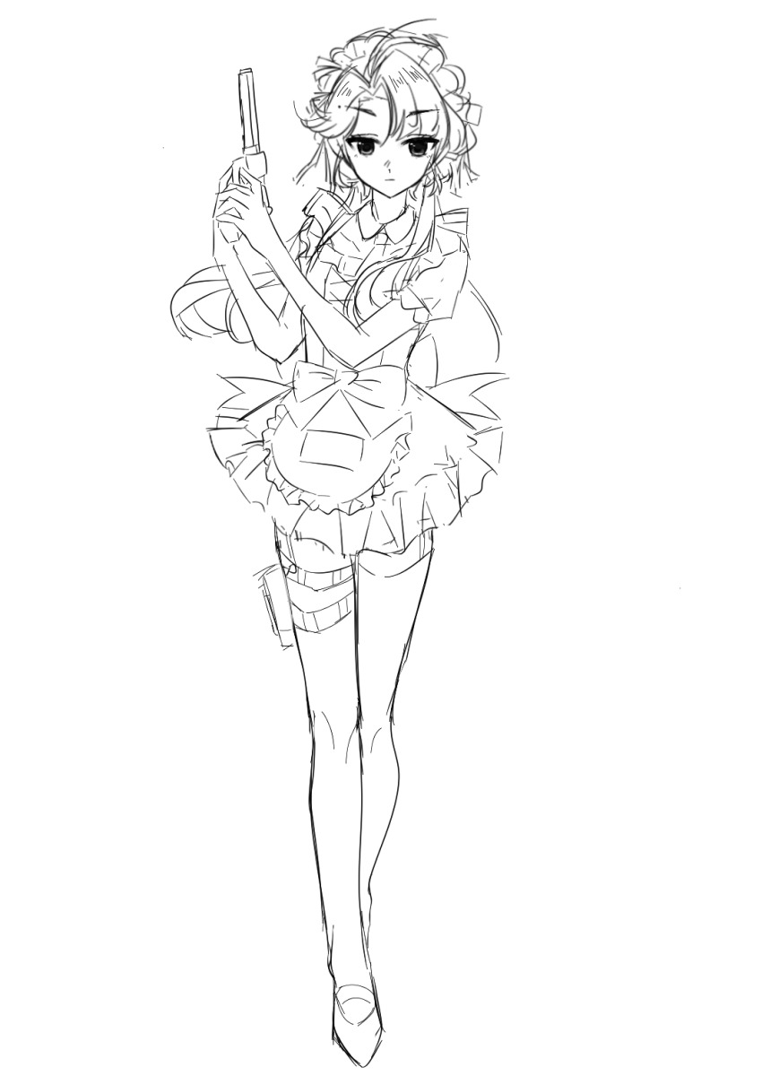 ._(kusvekoxa), 1girl, ahoge, alternate_costume, apron, commentary, dress, frilled_apron, frills, full_body, greyscale, gun, handgun, hands_up, highres, holding, holding_gun, holding_weapon, liang_yue_(reverse:1999), long_hair, looking_at_viewer, low_twintails, maid, monochrome, pouch, puffy_short_sleeves, puffy_sleeves, reverse:1999, short_dress, short_sleeves, single_thighhigh, sketch, solo, standing, untranslatable_commentary, thigh_pouch, thighhighs, twintails, two-handed, weapon, white_background