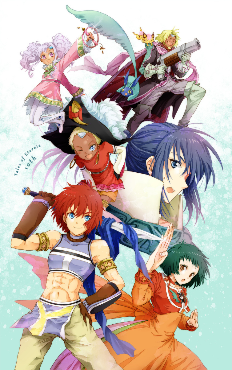 00s, 3boys, 3girls, ;d, ^_^, anniversary, aqua_background, bad_id, bad_pixiv_id, blonde_hair, blue_eyes, blue_hair, boots, bow, cape, chat_(tales), closed_eyes, coat, copyright_name, creature, cropped_jacket, curly_hair, dark_skin, dress, earrings, facial_mark, farah_oersted, fighting_stance, fog_(tales), forehead_mark, gem, gloves, green_hair, gun, hand_on_own_hip, happy, hat, highres, hip_focus, image_sample, jewelry, jumping, k-mame, keele_zeibel, leaning_forward, long_hair, md5_mismatch, meredy_(tales), midriff, multiple_boys, multiple_girls, muscular, one_eye_closed, open_mouth, orange_dress, pants, pantyhose, pirate_hat, pixiv_sample, purple_eyes, purple_hair, quickie_(tales), red_hair, reid_hershel, resized, ribbon, scarf, shoes, short_hair, smile, surprised, sword, tales_of_(series), tales_of_eternia, twintails, wand, weapon, white_legwear, wink