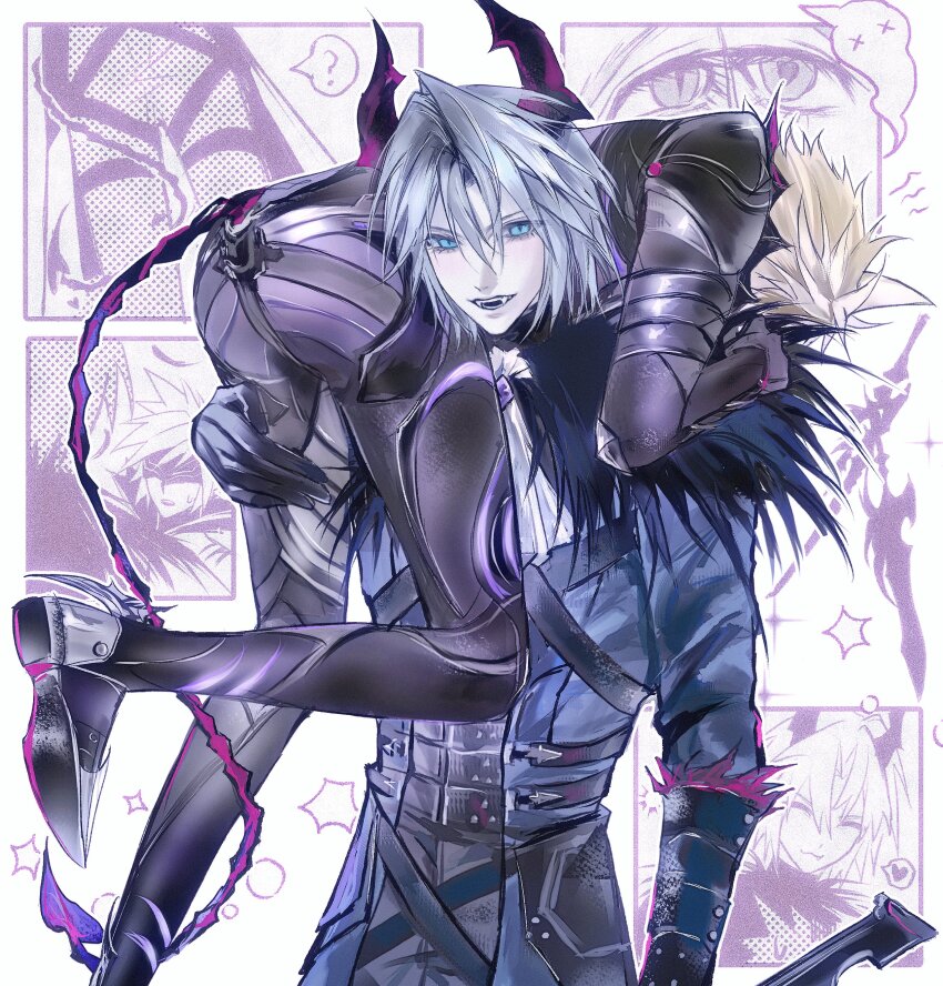 2boys, 3_3lecho, ?, absurdres, aqua_eyes, armor, armored_boots, ascot