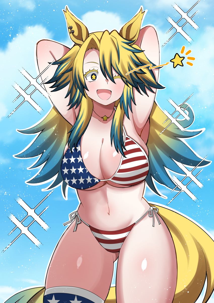 1girl, absurdres, alternate_costume, american_flag, american_flag_bikini, american_flag_print, animal_ears, aramori_susumu