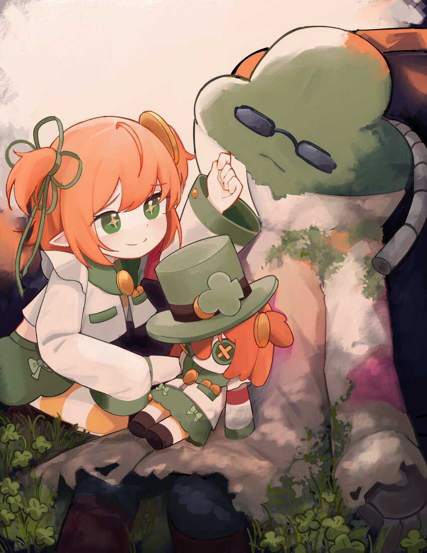 +_+, 1girl, 1other, black-framed_eyewear, character_doll, chromashift, closed_mouth, clover