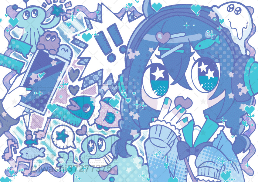 !, !!, 1girl, absurdres, blue_theme, braid, creature, fang