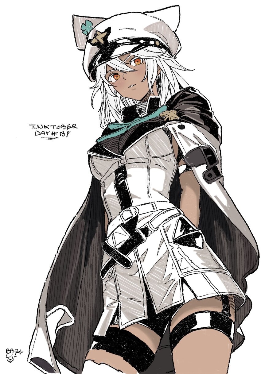 1girl, adapted_costume, alternate_costume, animal_hat, arms_behind_back, belt, black_cape, breasts