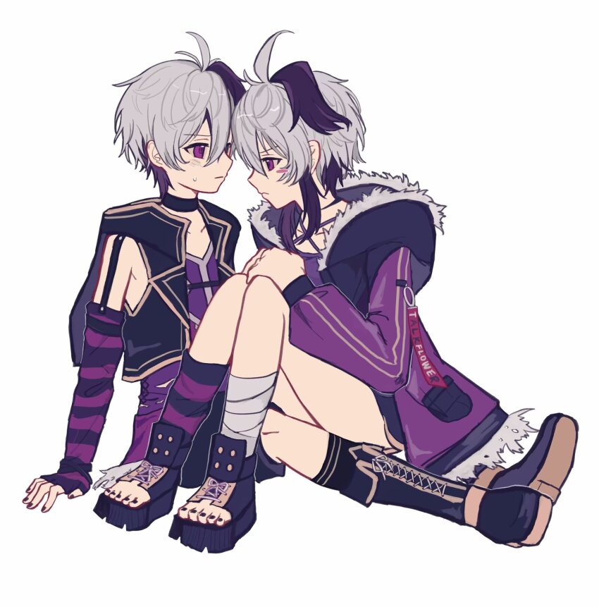 2girls, 7umu91, ahoge, arm_support, arm_warmers, bandaged_leg, bandages, black_boots, black_choker, black_jacket, black_nails, blush, blush_stickers, boots, choker, closed_mouth, colored_inner_hair, commentary, cropped_jacket, eye_contact, flower_(gynoid_talk), flower_(vocaloid), flower_(vocaloid4), frown, full_body, fur-trimmed_hood, fur_trim, grey_hair, gynoid_talk, hair_between_eyes, highres, hood, hood_down, hooded_jacket, jacket, knees_together_feet_apart, knees_up, lace-up_boots, long_sleeves, looking_at_another, multicolored_hair, multiple_girls, nail_polish, open_clothes, open_jacket, purple_eyes, purple_hair, purple_jacket, purple_shirt, selfcest, shirt, short_hair, sidelocks, simple_background, sitting, sleeveless, sleeveless_jacket, striped_arm_warmers, sweat, untranslatable_commentary, toenail_polish, toenails, two-tone_hair, vocaloid, white_background, yuri