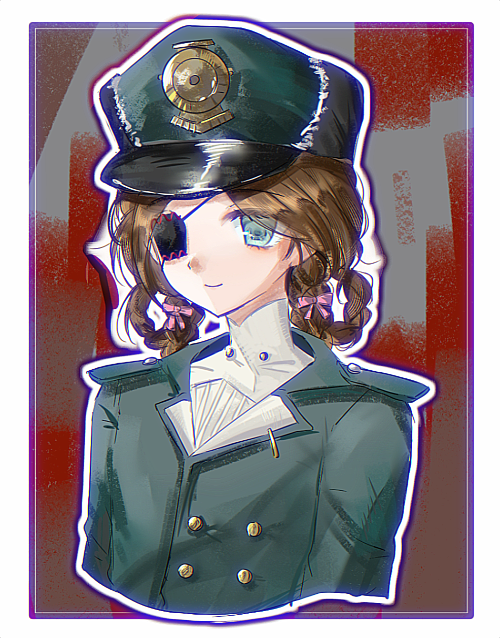 ._(kusvekoxa), 1girl, aima_(reverse:1999), blue_eyes, border, bow, braid, braided_hair_rings