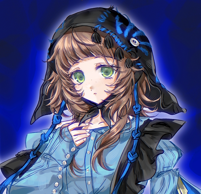 ._(kusvekoxa), 1girl, :<, black_veil, blue_background, blue_shirt, blunt_bangs, brown_hair