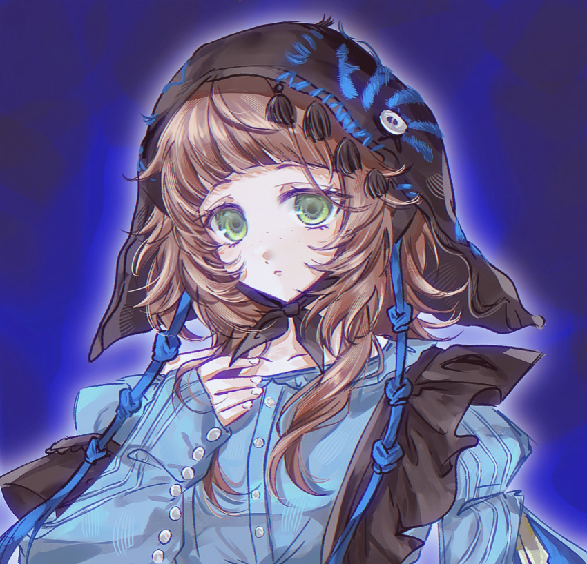 ._(kusvekoxa), 1girl, :<, black_veil, blue_background, blue_shirt, blunt_bangs, brown_hair