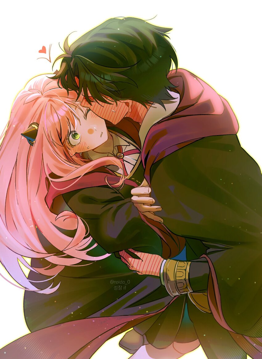 1boy, 1girl, absurdres, aged_up, ahoge, anya_(spy_x_family), black_hair, black_robe