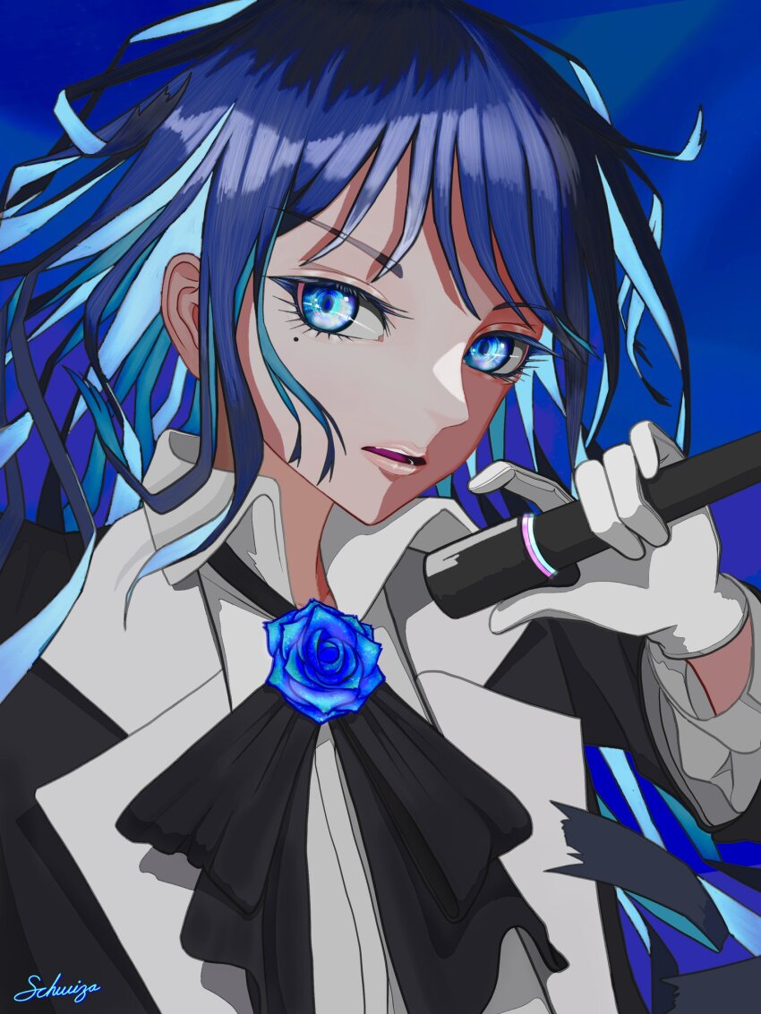 1girl, ado_(utaite), blue_background, blue_eyes, blue_hair, chando_(ado), colored_inner_hair, commentary