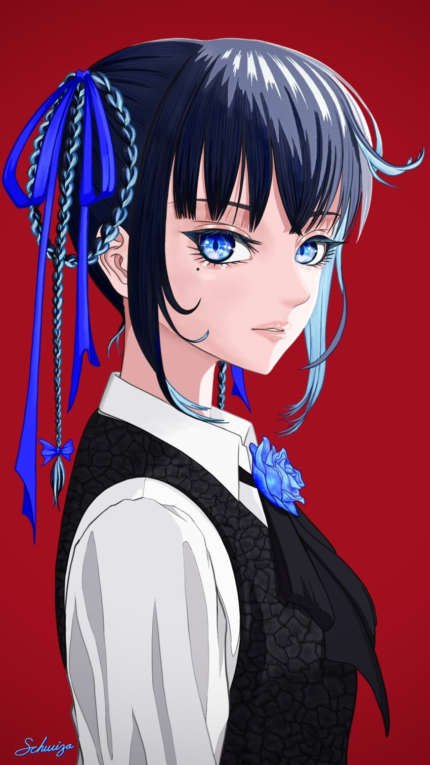 1girl, ado_(utaite), black_vest, blue_eyes, blue_ribbon, braid, braided_hair_rings, chando_(ado)