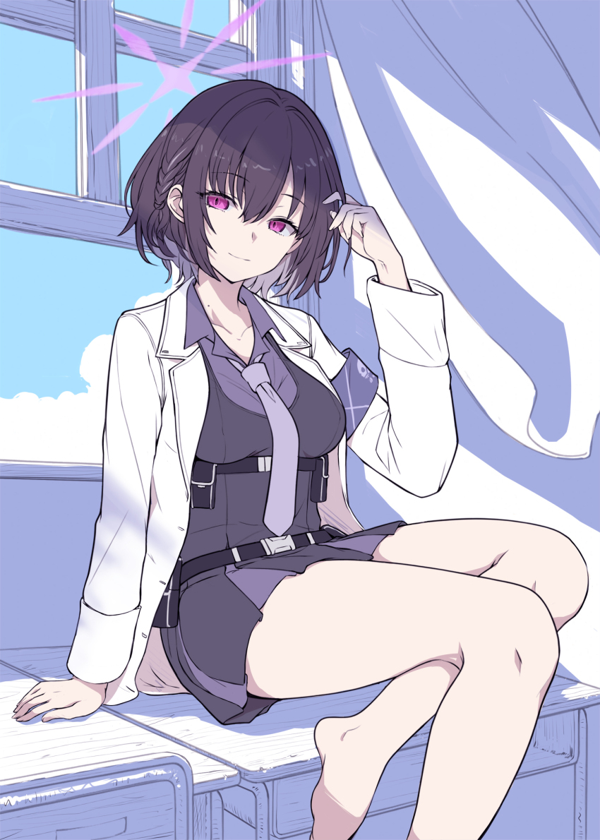 1girl, armband, barefoot, black_hair, blue_archive, blue_sky, breasts, chair