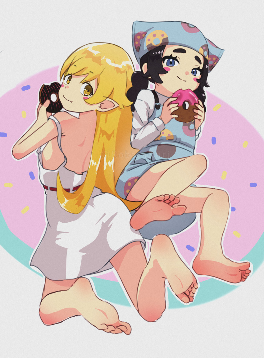 2girls, absurdres, ansha_(pokemon), apron, barefoot, belt, black_hair, blonde_hair