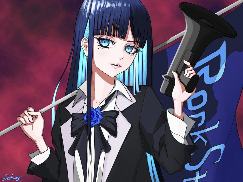 1girl, ado_(utaite), aegyo_sal, black_bow, black_bowtie, blue_eyes, blue_flower, blue_hair