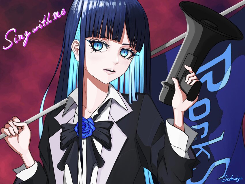 1girl, ado_(utaite), aegyo_sal, black_bow, black_bowtie, blue_eyes, blue_flower, blue_hair, blue_rose, bow, bowtie, brooch, chando_(ado), collared_shirt, colored_inner_hair, commentary_request, english_text, flag, flower, flower_brooch, highres, holding, holding_flag, holding_microphone, jewelry, long_hair, long_sleeves, megaphone, microphone, mole, mole_under_eye, multicolored_hair, open_mouth, rockstar_(ado), rose, shirt, solo, teeth, tomoyaku, upper_body, upper_teeth_only, utaite, white_shirt