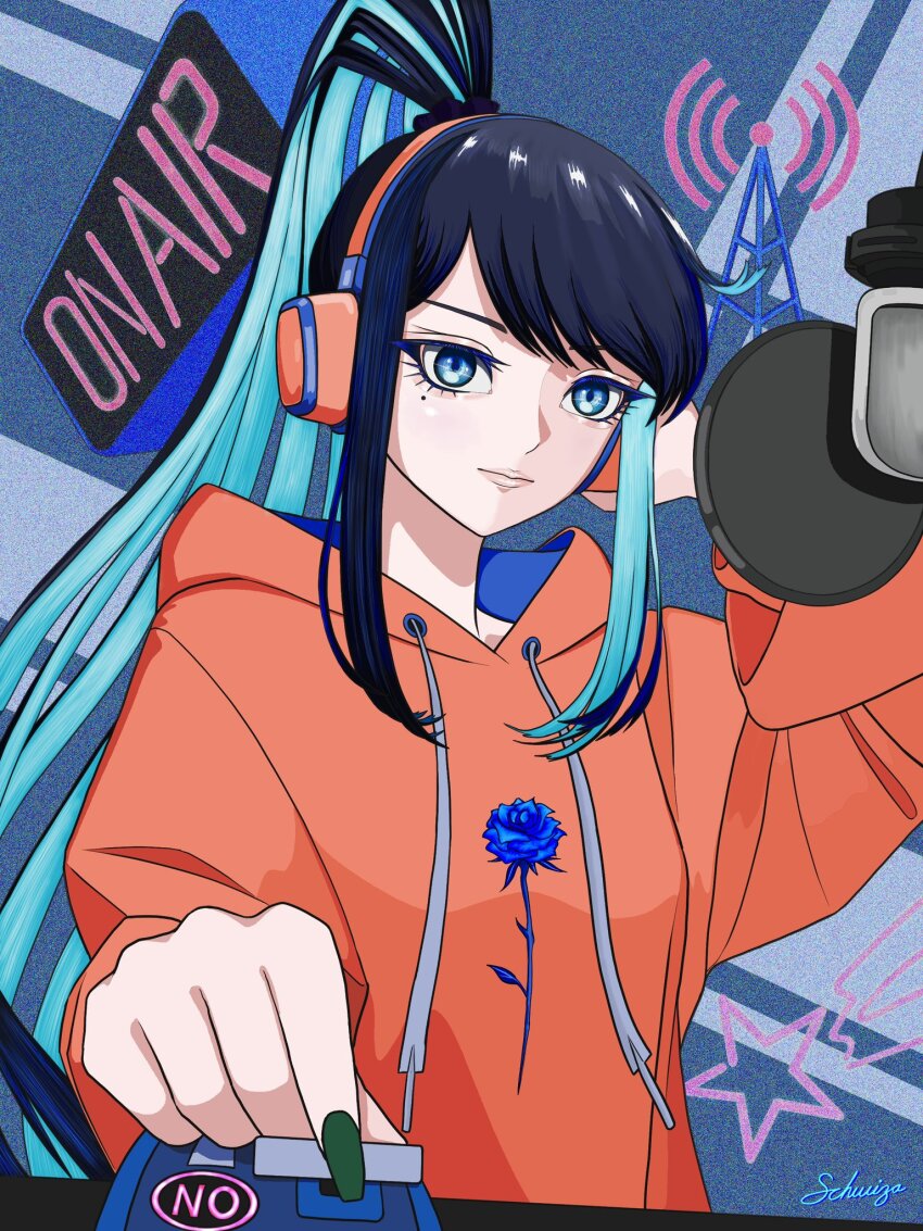 1girl, ado_(utaite), all_night_radio, blue_eyes, blue_hair, chando_(ado), closed_mouth, colored_inner_hair, commentary_request, green_nails, hand_up, headphones, highres, hood, hood_down, hoodie, long_hair, long_sleeves, microphone, mole, mole_under_eye, multicolored_hair, nail_polish, orange_hoodie, ponytail, pop_filter, sidelocks, solo, tomoyaku, upper_body, utaite