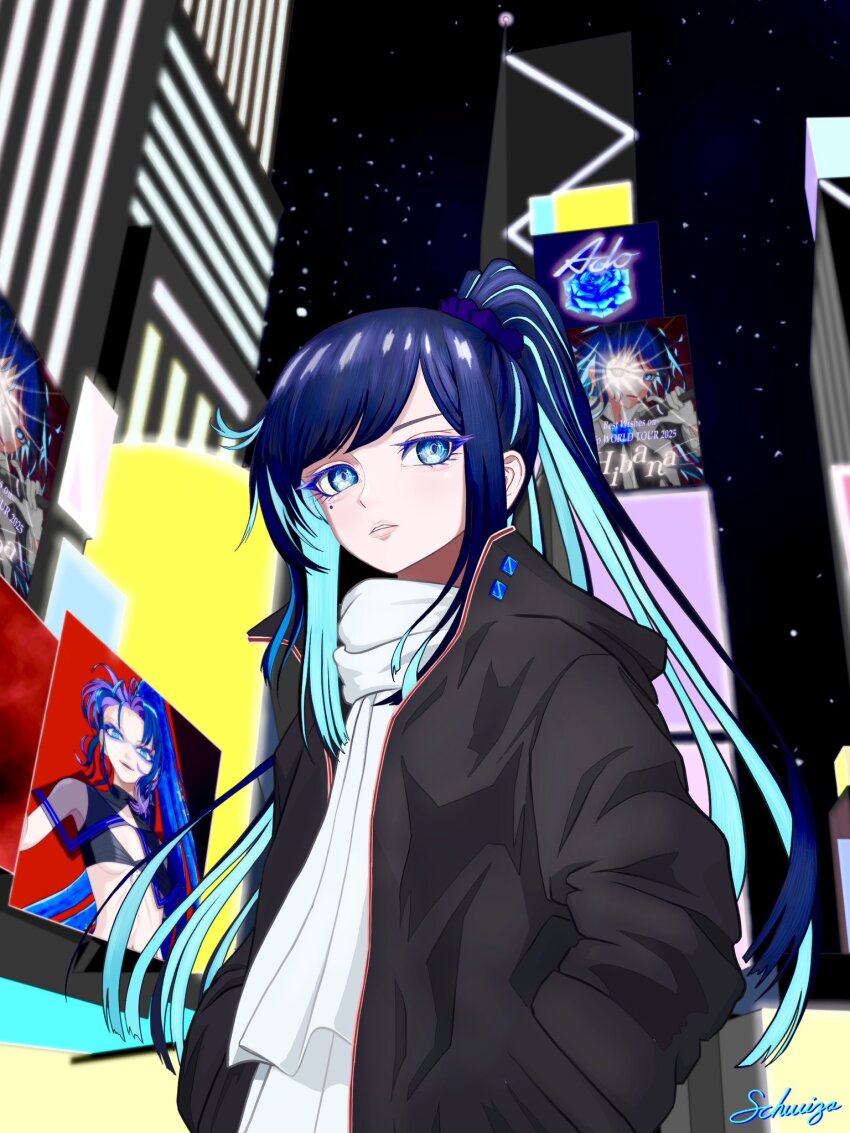 1girl, ado_(utaite), aegyo_sal, annotated, artist_self-reference, black_jacket, blue_eyes, blue_hair