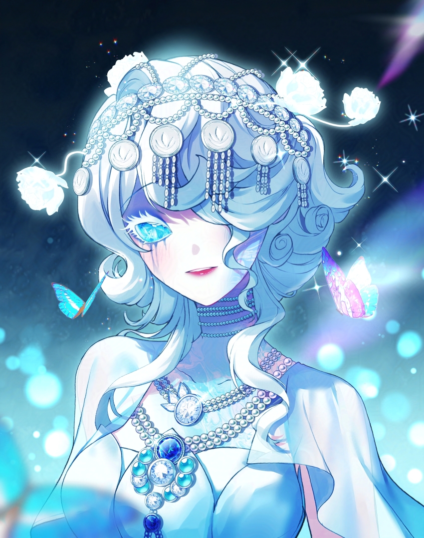 1girl, absurdres, animal, blue_eyes, breasts, bug, butterfly, character_request