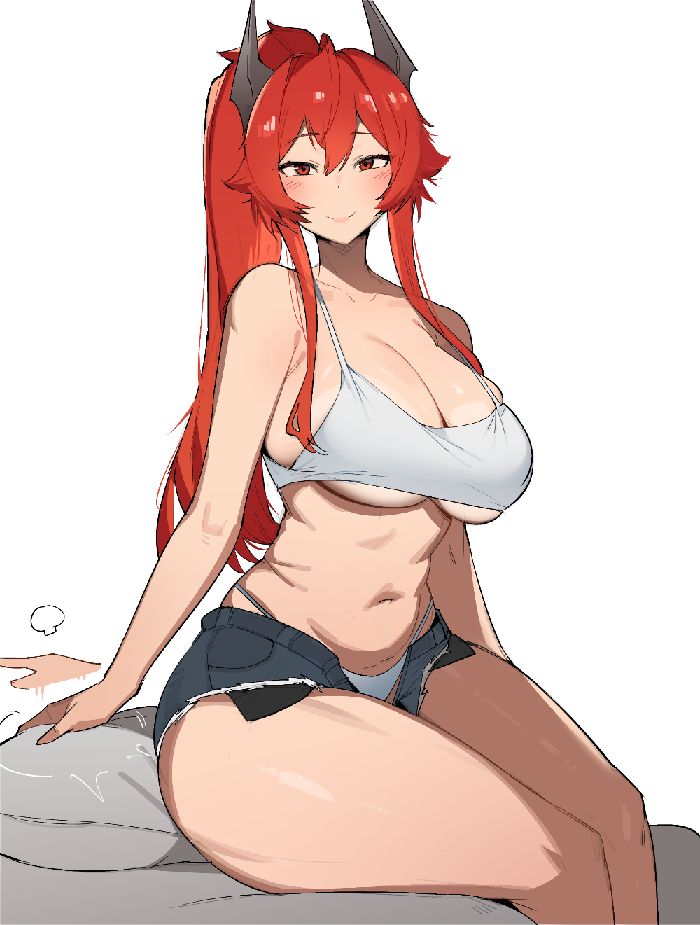 1girl, bare_arms, bare_legs, bare_shoulders, blush, breasts, camisole, cleavage