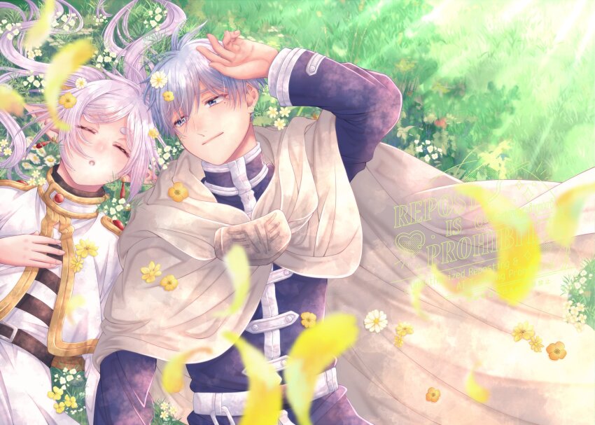 1boy, 1girl, black_jacket, blue_eyes, blue_hair, capelet, closed_eyes, couple, earrings, elf, falling_petals, flower, frieren, gold_trim, grey_cloak, grey_hair, hair_between_eyes, hand_on_own_chest, hand_on_own_head, hetero, highres, himmel_(sousou_no_frieren), jacket, jewelry, kisaragiyuri, long_hair, looking_at_another, lying, on_back, parted_bangs, parted_lips, petals, pointy_ears, shading_eyes, shirt, short_hair, silver_trim, skirt, sleeping, sousou_no_frieren, striped_clothes, striped_shirt, thick_eyebrows, twintails, upper_body, white_capelet, white_flower, white_jacket, white_skirt, yellow_flower, yellow_petals