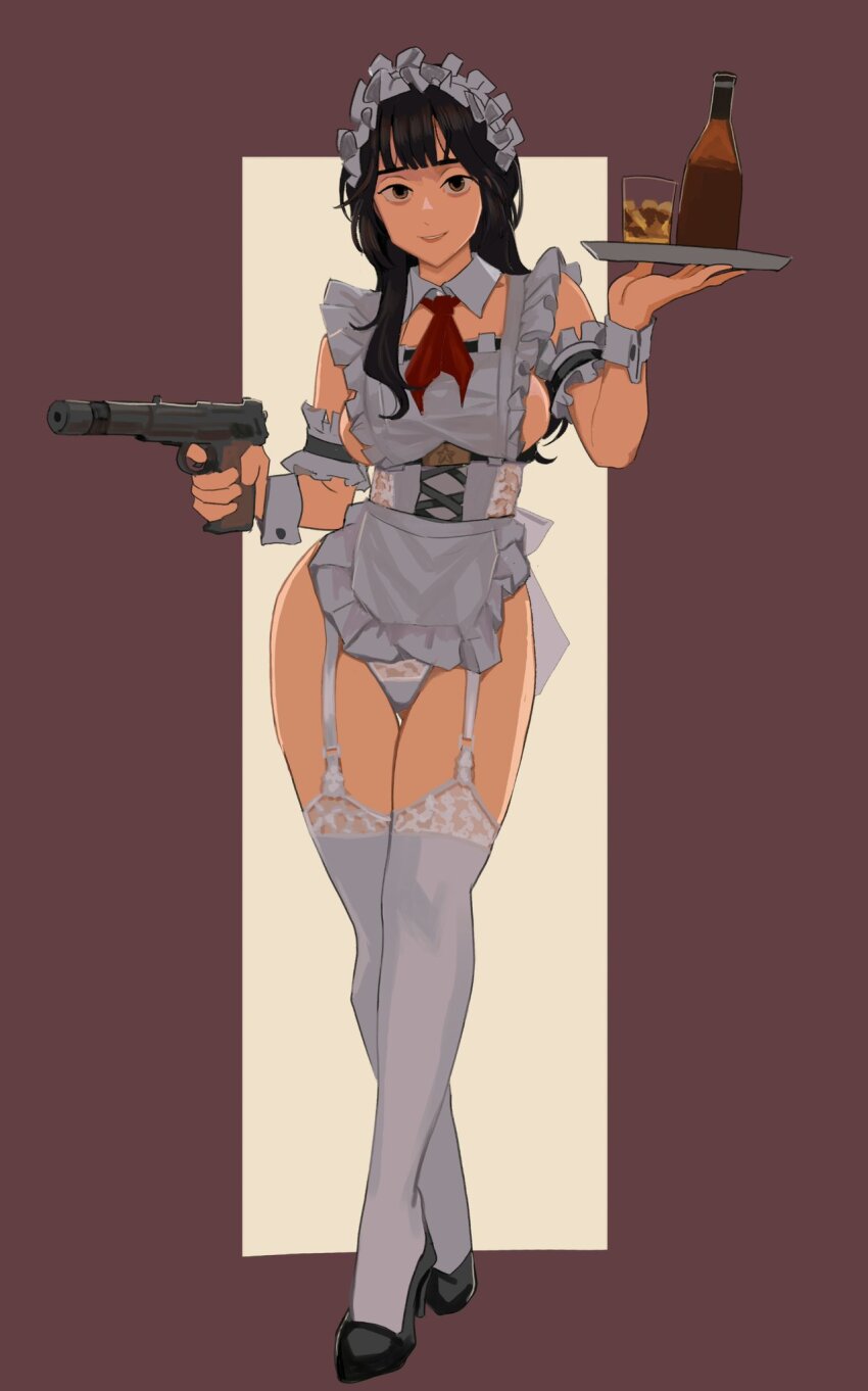 1girl, alcohol, ascot, black_eyes, black_hair, breasts, detached_collar, garter_straps, gun, handgun, high_heels, highres, holding, holding_gun, holding_weapon, liquor, long_hair, looking_at_viewer, maid, maid_headdress, open_mouth, original, panties, pb_pistol, red_ascot, sideboob, simple_background, smile, solo, standing, suppressor, teeth, thighs, tray, two-tone_background, unconventional_maid, underwear, wani_(perfect_han), weapon, white_garter_straps, white_panties