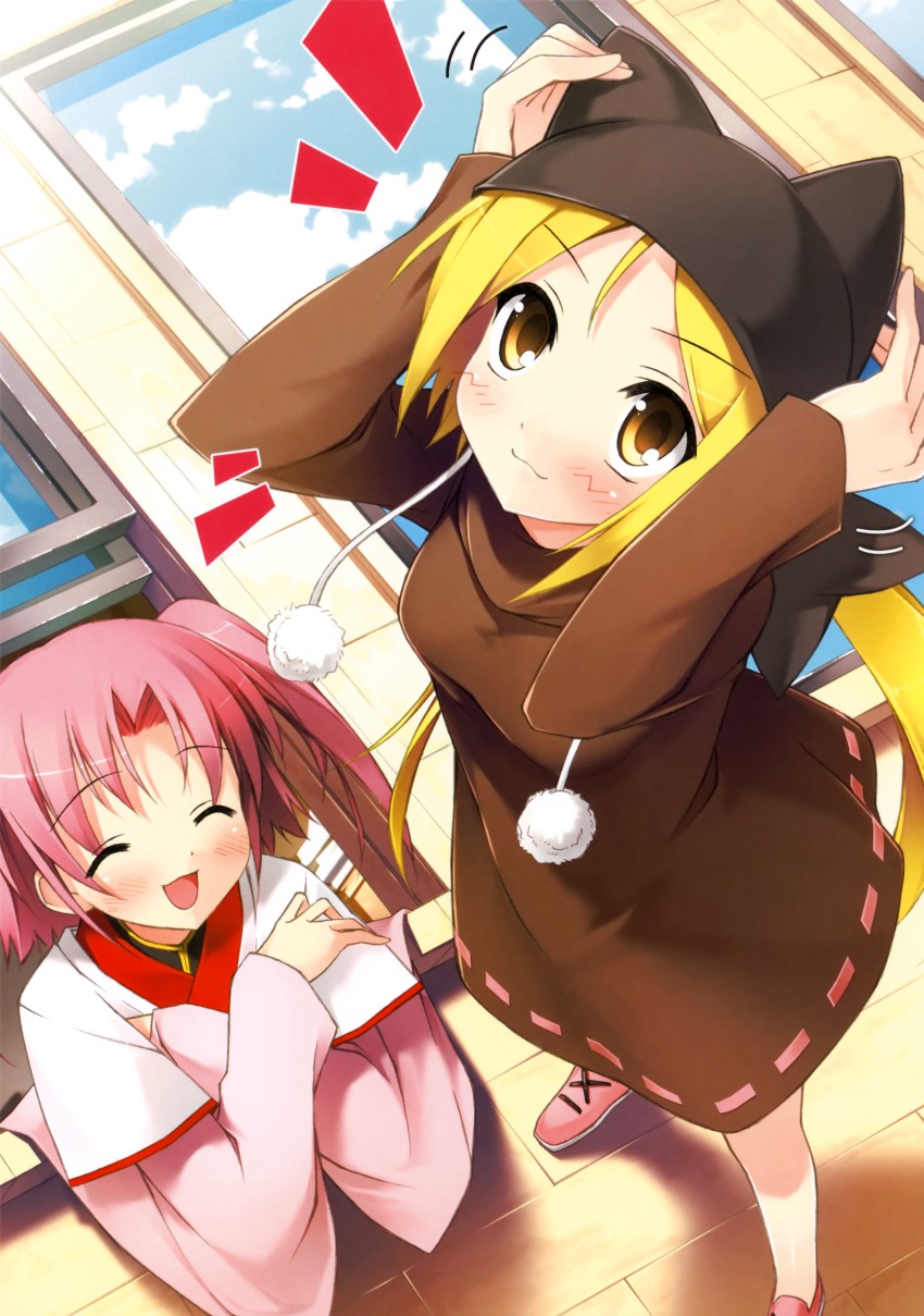 2girls, :3, :d, ^^^, ^_^, absurdres, adjusting_clothes, adjusting_headwear