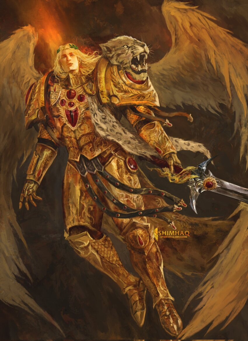 1boy, abstract_background, armor, armored_boots, artist_name, black_background, blonde_hair, boots