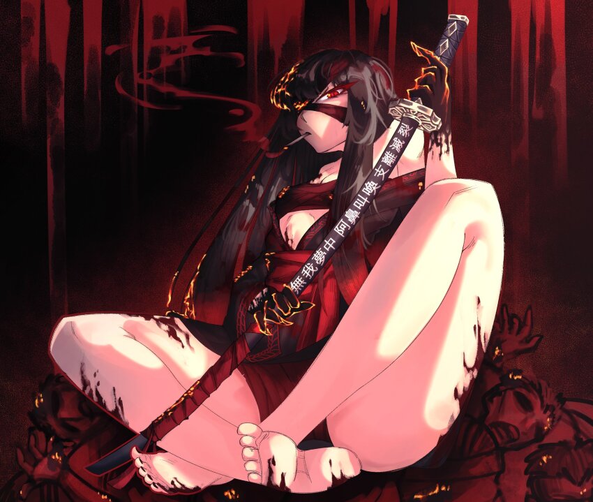 1girl, 2boys, bandage_over_one_eye, black_hair, blood, boyarishn1ck, cigarette, commentary, crossed_legs, english_commentary, highres, holding, holding_sword, holding_weapon, japanese_clothes, katana, kimono, limbus_company, long_hair, multiple_boys, one_eye_covered, project_moon, red_eyes, red_kimono, ryoshu_(project_moon), sitting, smoking, solo_focus, sword, translation_request, weapon