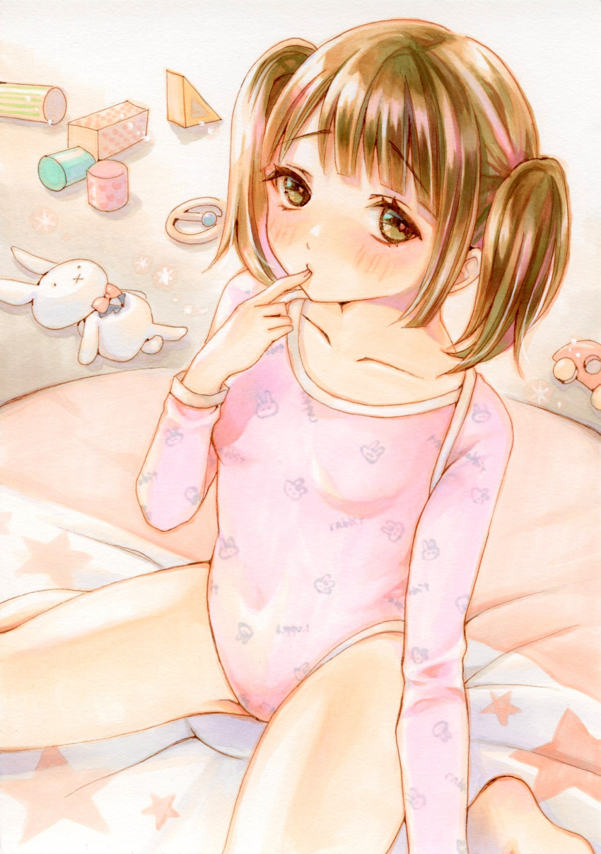 1girl, absurdres, arm_at_side, blush, brown_eyes, brown_hair, closed_mouth, collarbone, commentary_request, dai_dai_da, hand_up, highres, leotard, loli, long_sleeves, looking_at_viewer, marker_(medium), original, parted_bangs, pink_leotard, print_leotard, raised_inner_eyebrows, short_hair, sitting, solo, spread_legs, stuffed_animal, stuffed_rabbit, stuffed_toy, toy, traditional_media, twintails, wariza