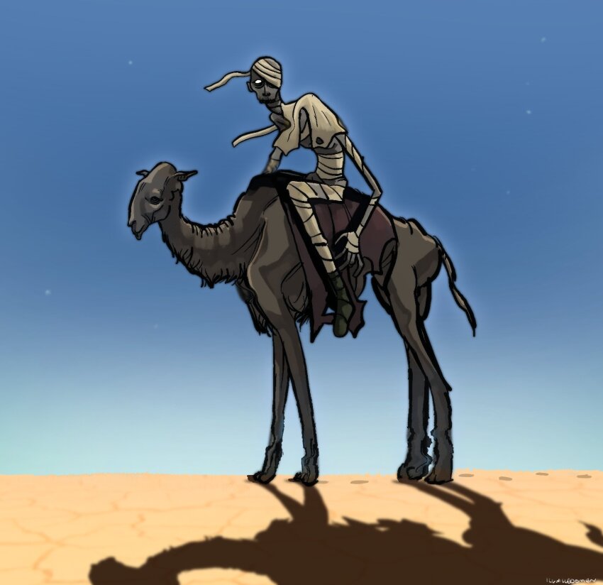 1other, blank_eyes, camel, desert, dromedary_camel, footprints, highres, illwilledomen, minecraft, mummy, outdoors, parched_(minecraft), riding, shadow, skeleton, skinny, undead, walking