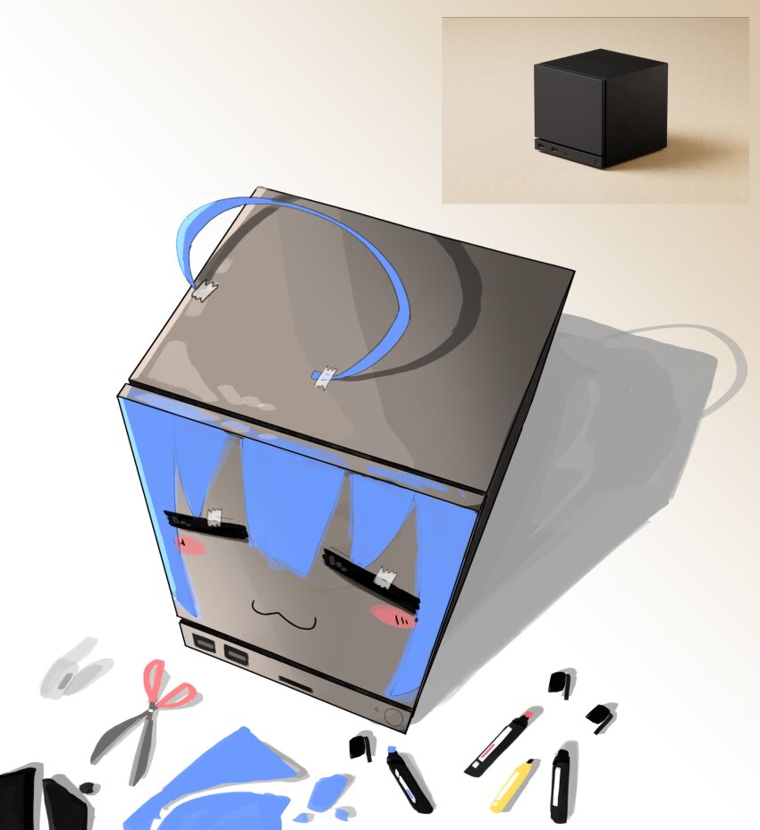 :3, ahoge, blue_hair, blush_stickers, character_print, closed_eyes, closed_mouth, computer